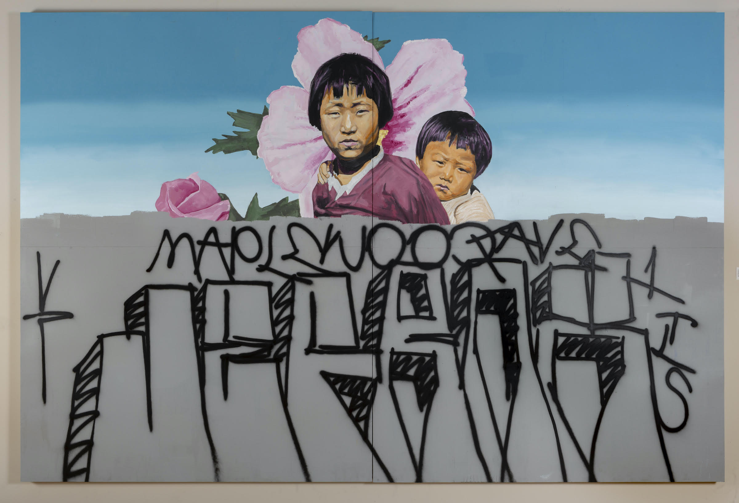 Painting of a young asian girl and boy with pink flowers in the background, with dark grey paint and graffiti covering the lower half of the painting