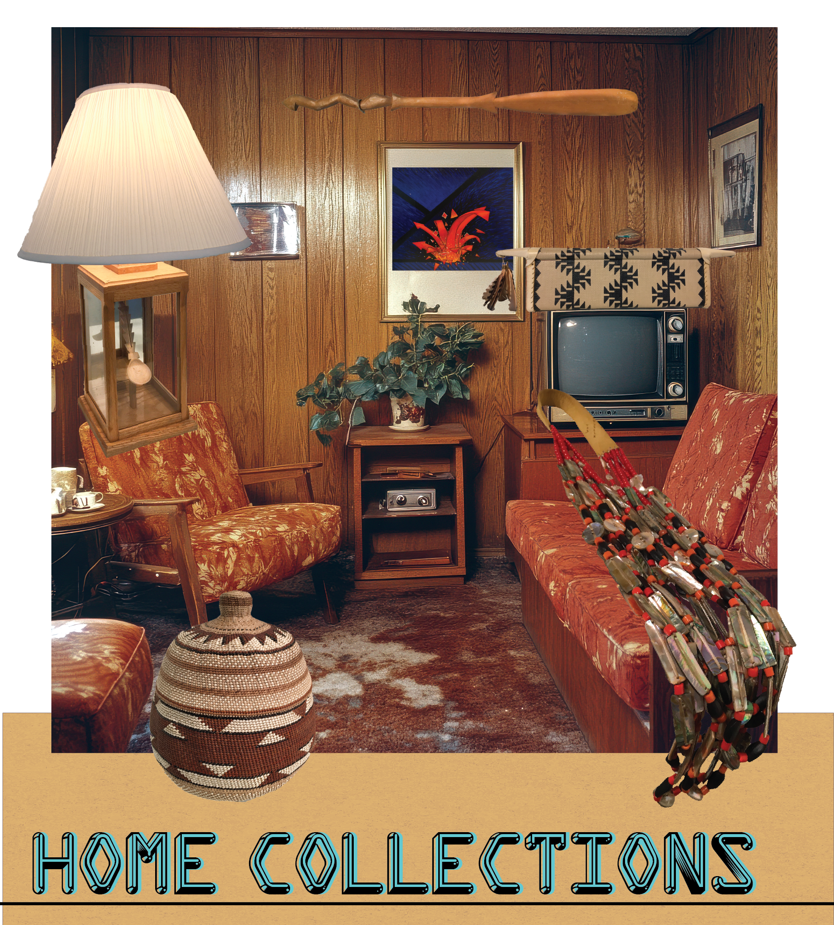 retro living room with items from exhibition photoshopped in, necklaces, lamps, baskets.