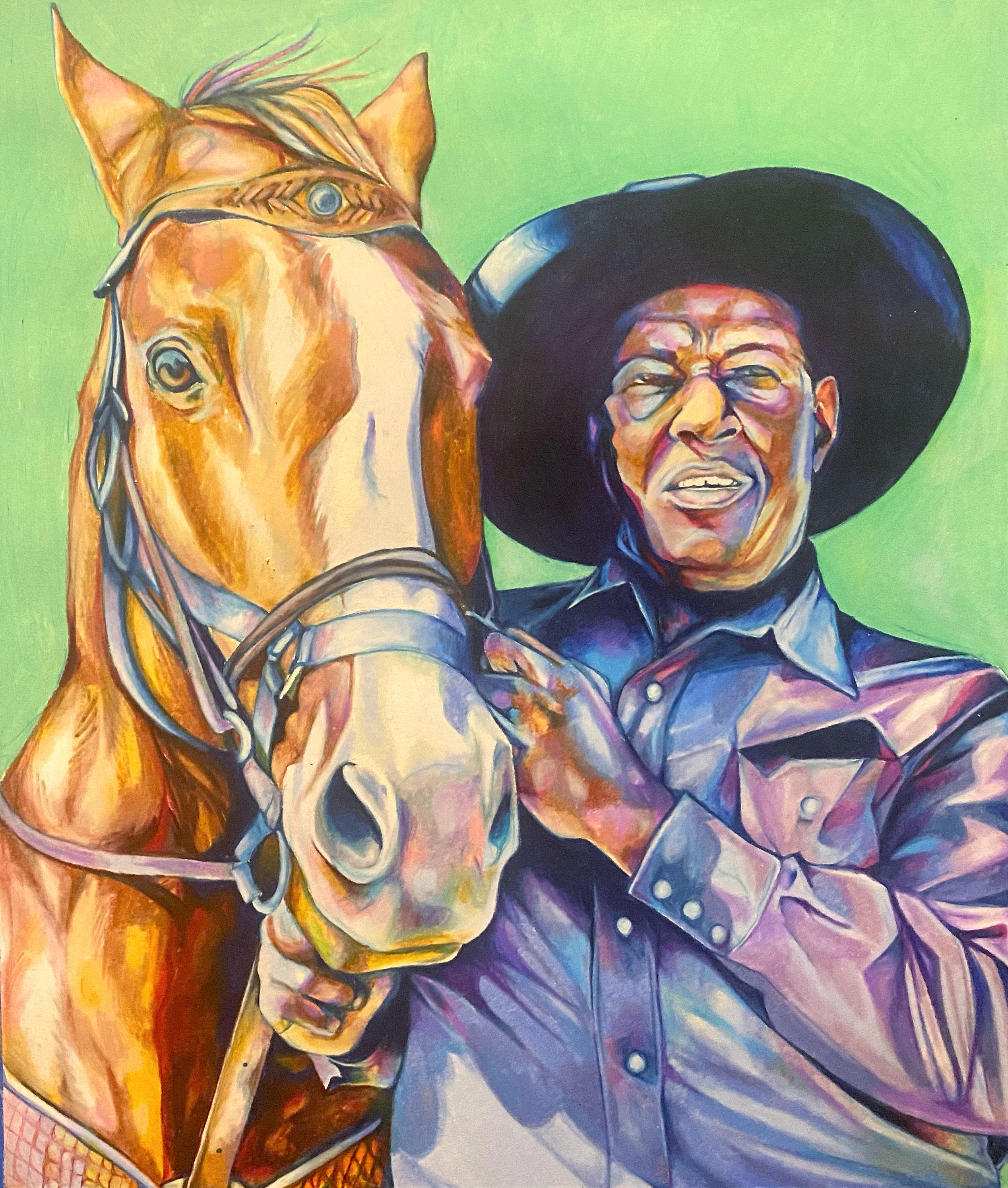 black cowboy looking directly at viewer with horse leaning its head on his shoulder on a green background