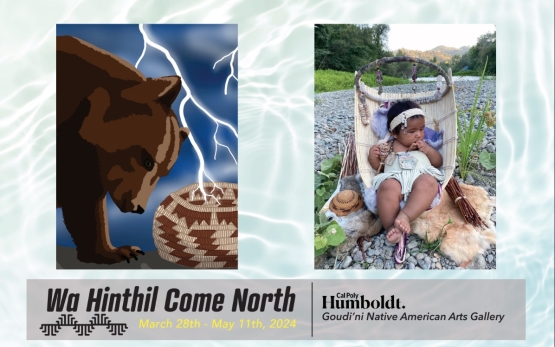 Wa Hinthil Come North, grizzly bear with lightning and basketry, a photo of a native baby in a baby basket